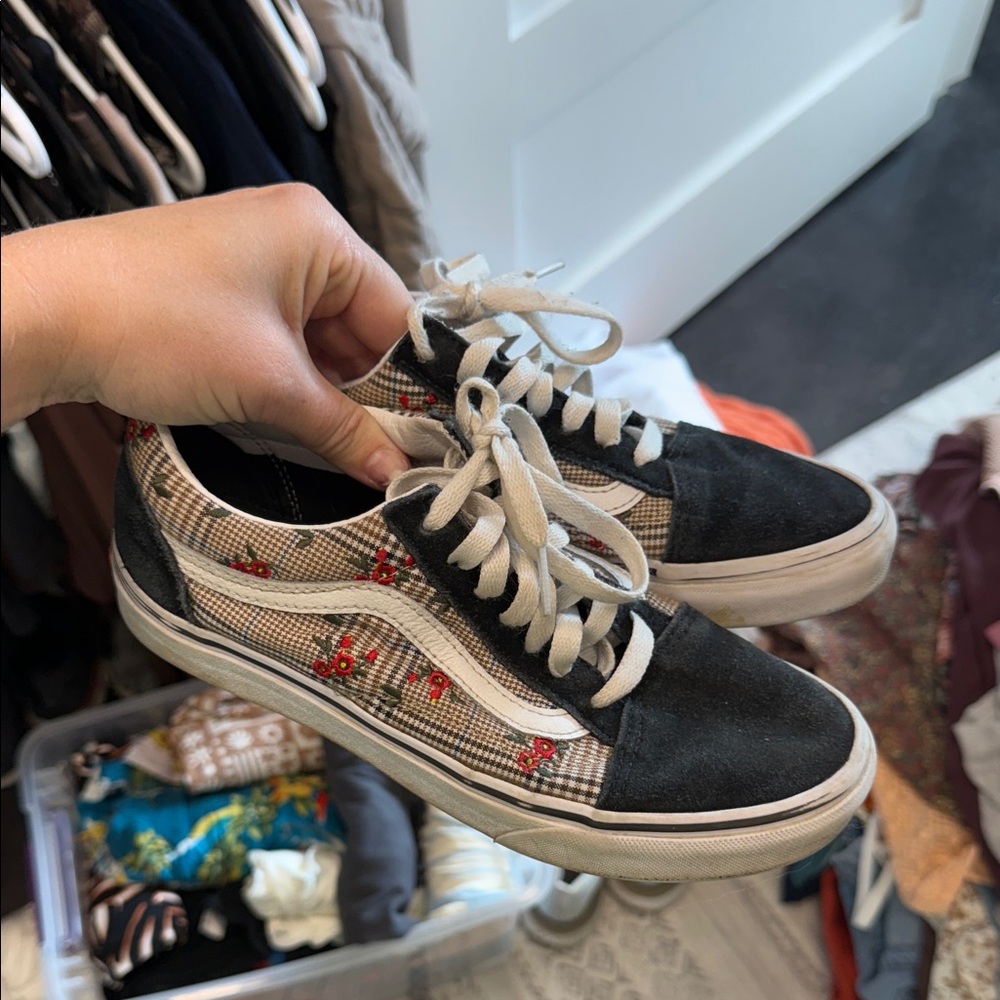 Vans Black and Plaid Sneakers with Floral Design